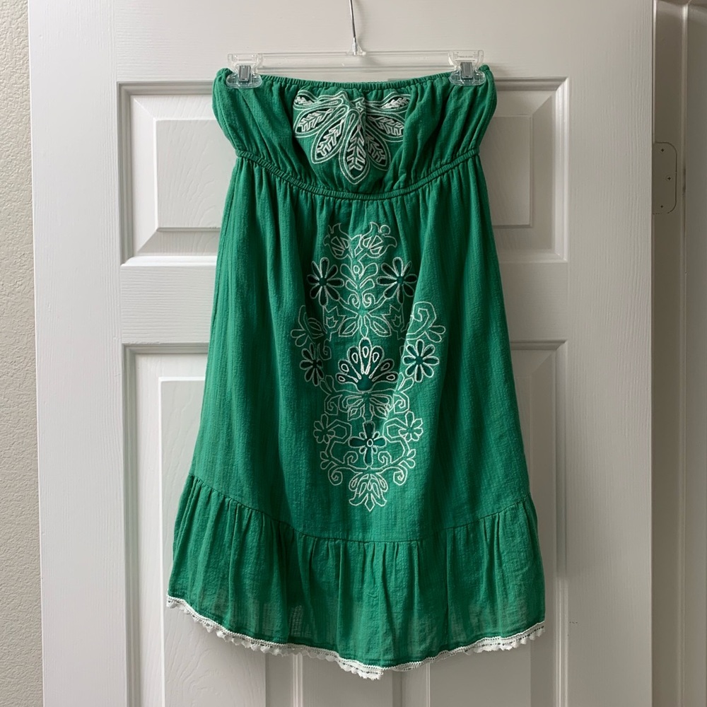 Strapless green embroidered dress